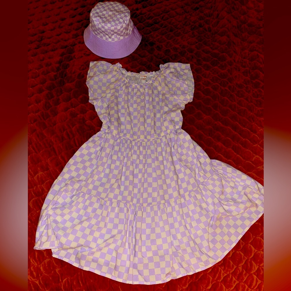 Girls/Junior’s Purple gingham check babydoll dress+bucket hat
